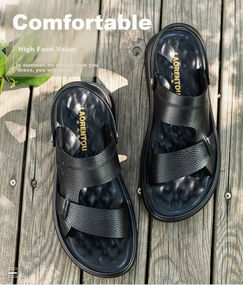 LAORENTOU Men's Beach Sandals, Summer Breathable Metal Buckle Lychee Pattern Shoes Slippers Dual-Use Versatile Casual Sandals Men's Footwear LT13107 Black Size 42 1
