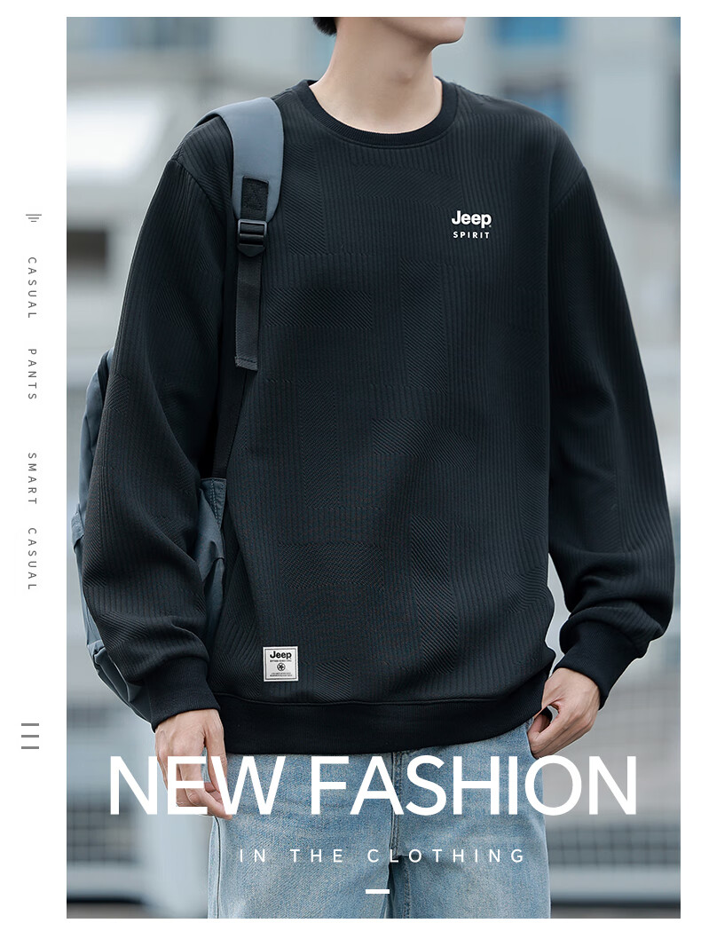 JEEP SPIRIT Men's Round Neck Sweatshirt, Loose-Fitting Long-Sleeve T-Shirt for Spring And Autumn, Fashionable Textured Jacquard Casual Top, Men's Clothing 1