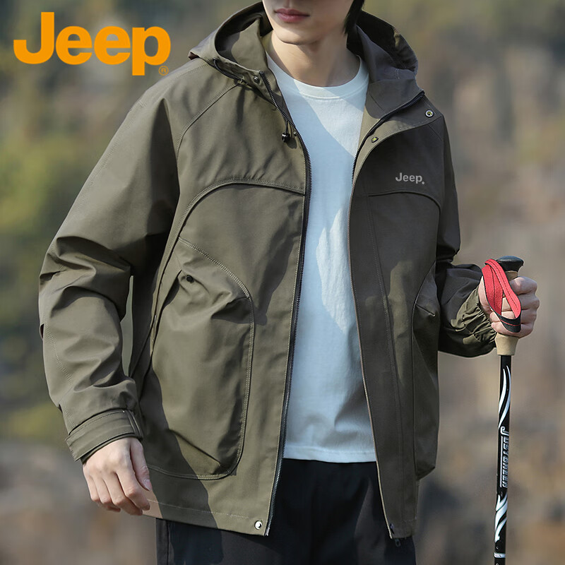 JEEP Men's Spring Autumn Loose Hooded Jacket Casual Workwear Coat Outdoor Mountaineering Military Green 3XL