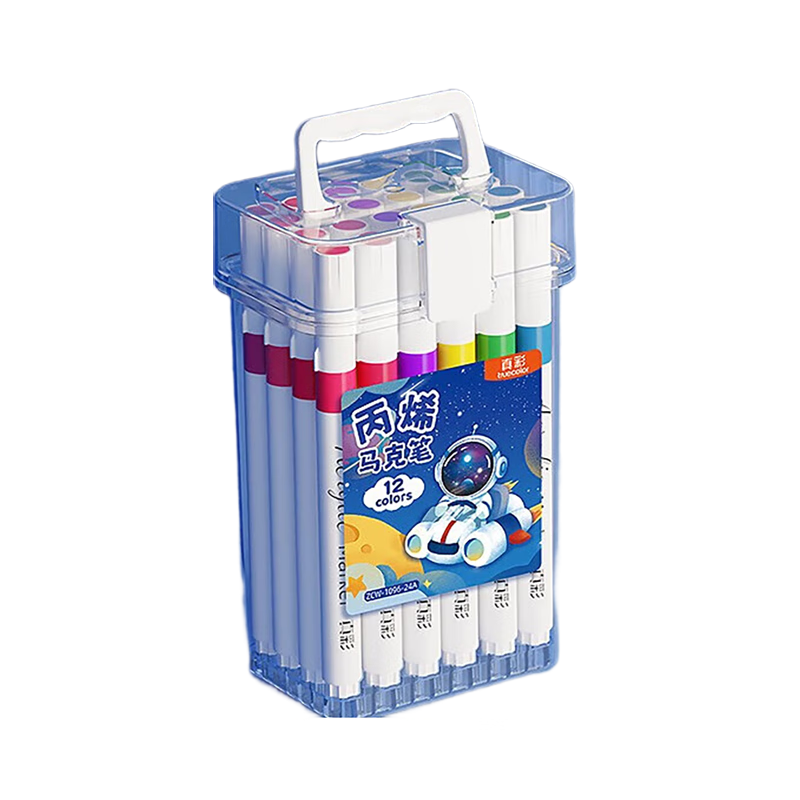 TRUECOLOR Acrylic Markers for Kids, Non-Transparent, Layerable, Hard Tip, Washable, Non-Toxic, DIY Graffiti Art Pens, 12-Color Bucket Set, Astronaut Design