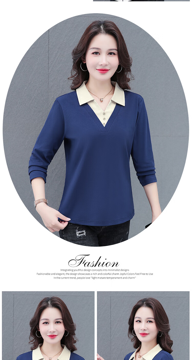 Woodpecker Women's Long Sleeve Polo Shirt Fake Two-Piece Autumn New Large Size Base Shirt Blue 3XL 13