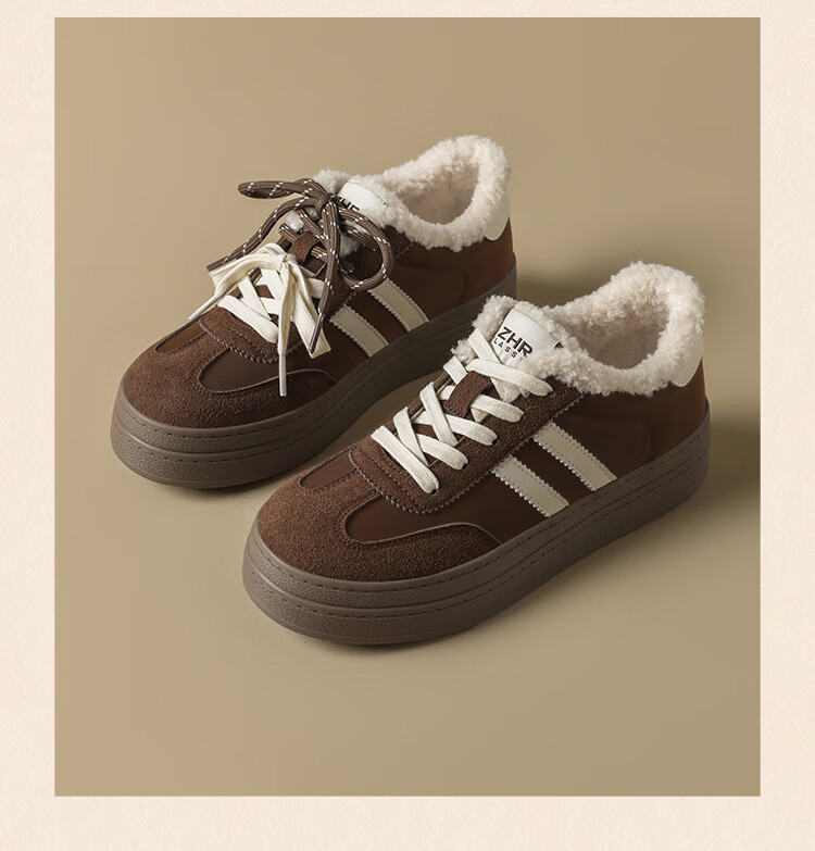 ZHR Fleece-lined German Training Shoes Women Winter Thick-soled Sneakers Warm Cotton Shoes Casual Women's Shoes KS260B Brown Size 36 4