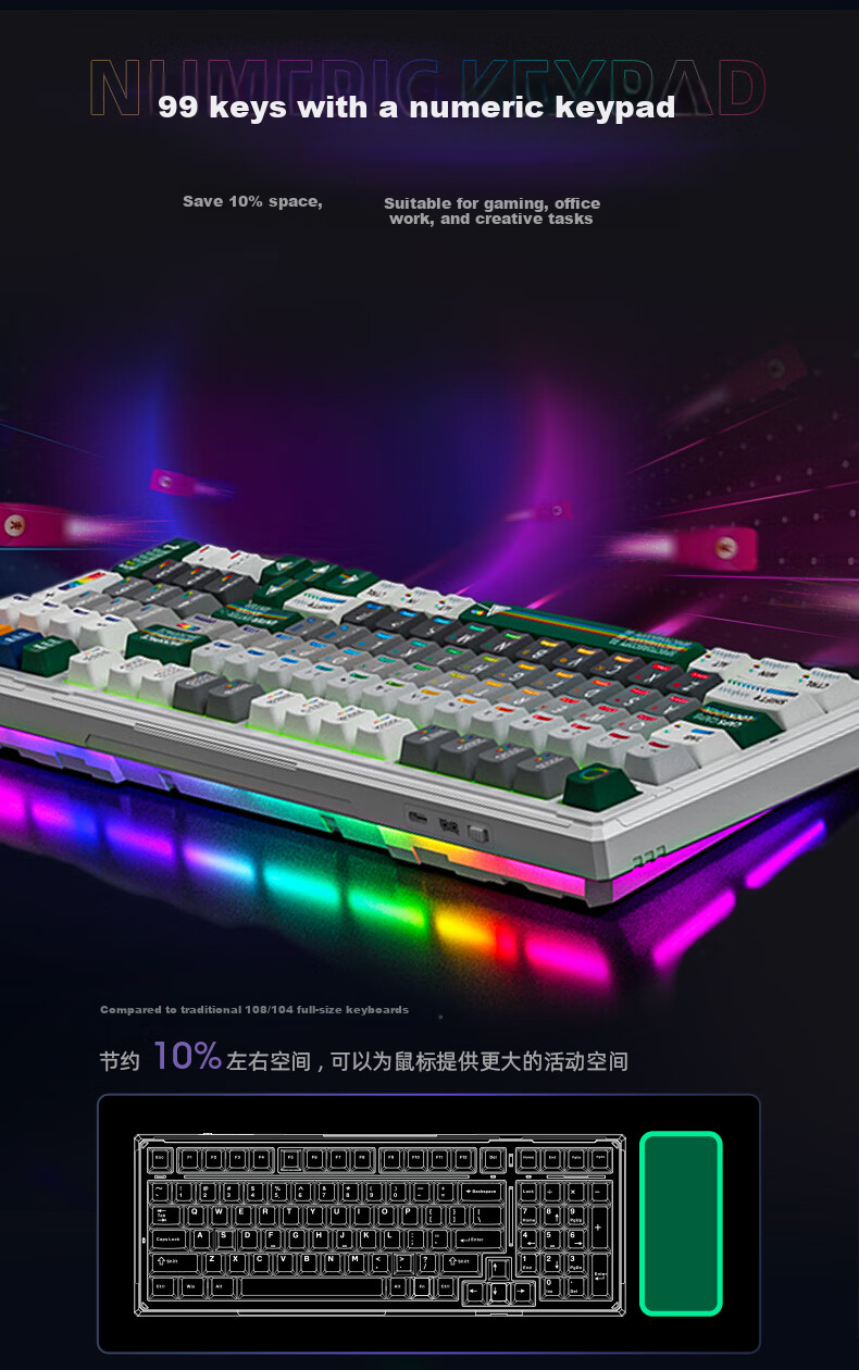 Ikbc K99 Custom Mechanical Keyboard, 99 Keys, E-Sports Gaming Keyboard, Office Typing Feel Good, Tri-Mode Mechanical Keyboard, Gaming Keyboard, Sanpin King Switch 45g 10