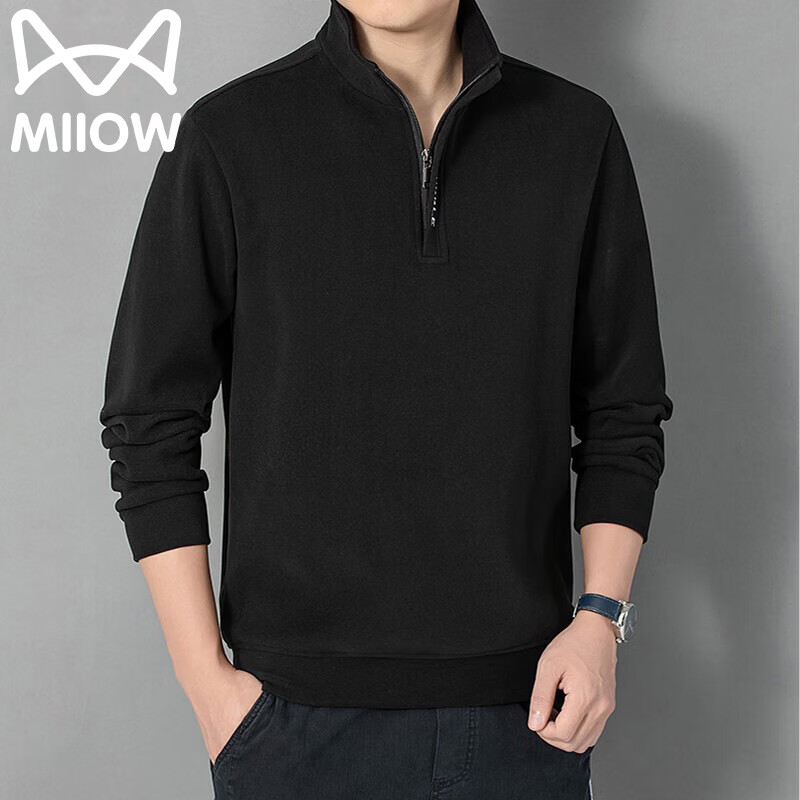 MiiOW Men's Sweatshirt, Autumn And Winter Long-Sleeve T-Shirt, Warm Stand-Up Collar, Versatile Base Layer, Casual All-Round, Black, 3XL