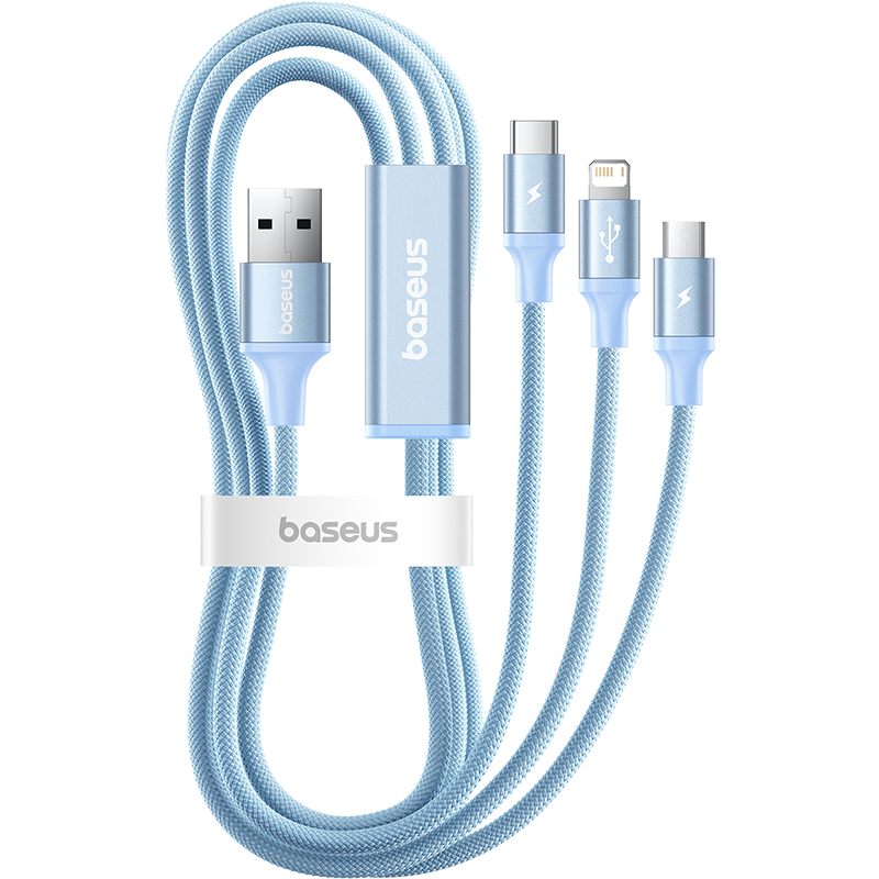 Baseus 3-in-1 Braided Data Charging Cable Type-C Apple Android 3.5A Fast Charge Multi-Device Cable for iPhone 17/16/15 Xiaomi Huawei Honor Phones 1.8m Blue
