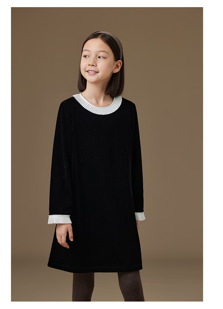 Hacikis Kids Autumn Winter French Hepburn Style Children's Lace Velvet Girls Long Sleeve Dress Thick Mousse Black 160 11
