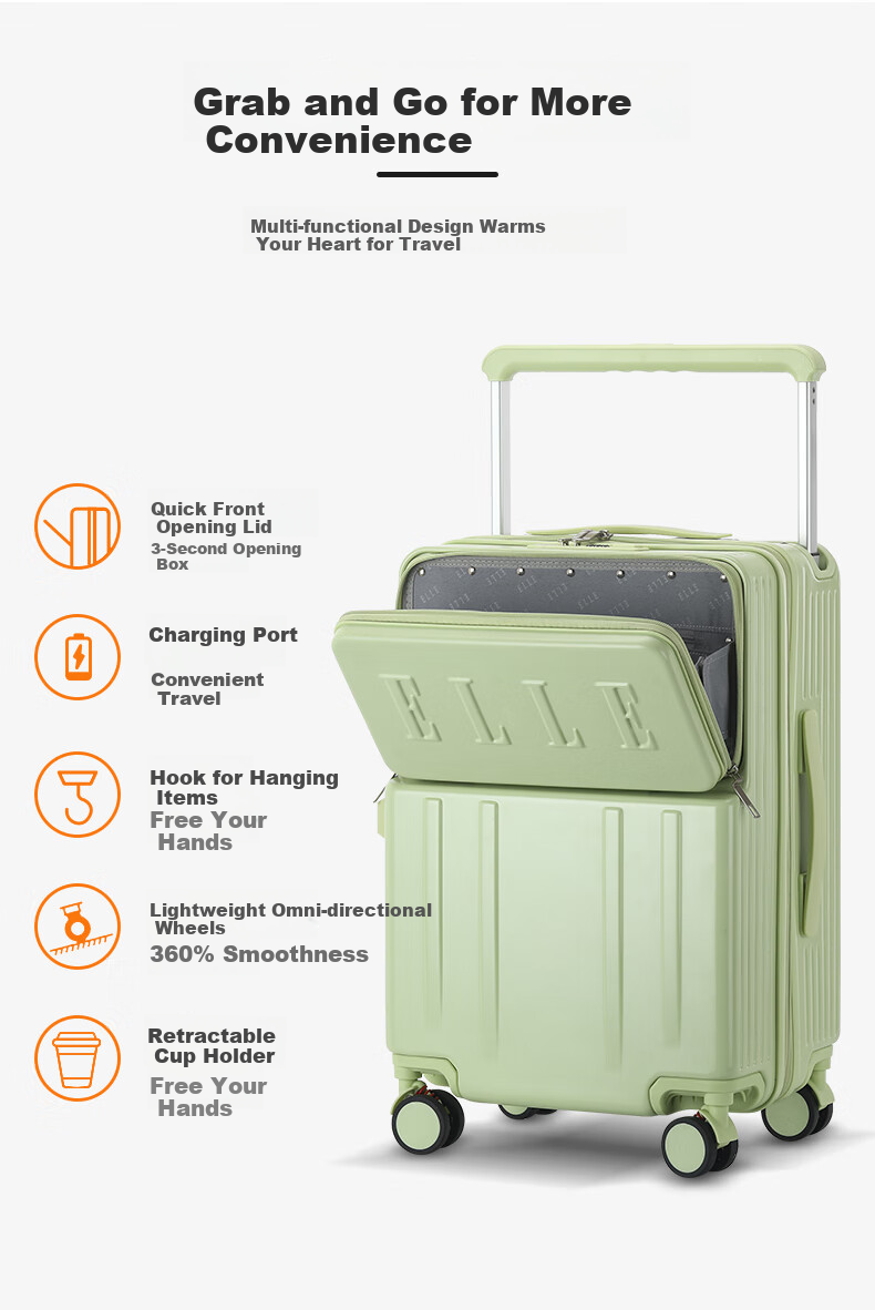ELLE Front-Opening Luggage with Wide Handle, Large Capacity Travel Suitcase, Stylish Password Lock, Carry-On Case, 20 Inches, White 2