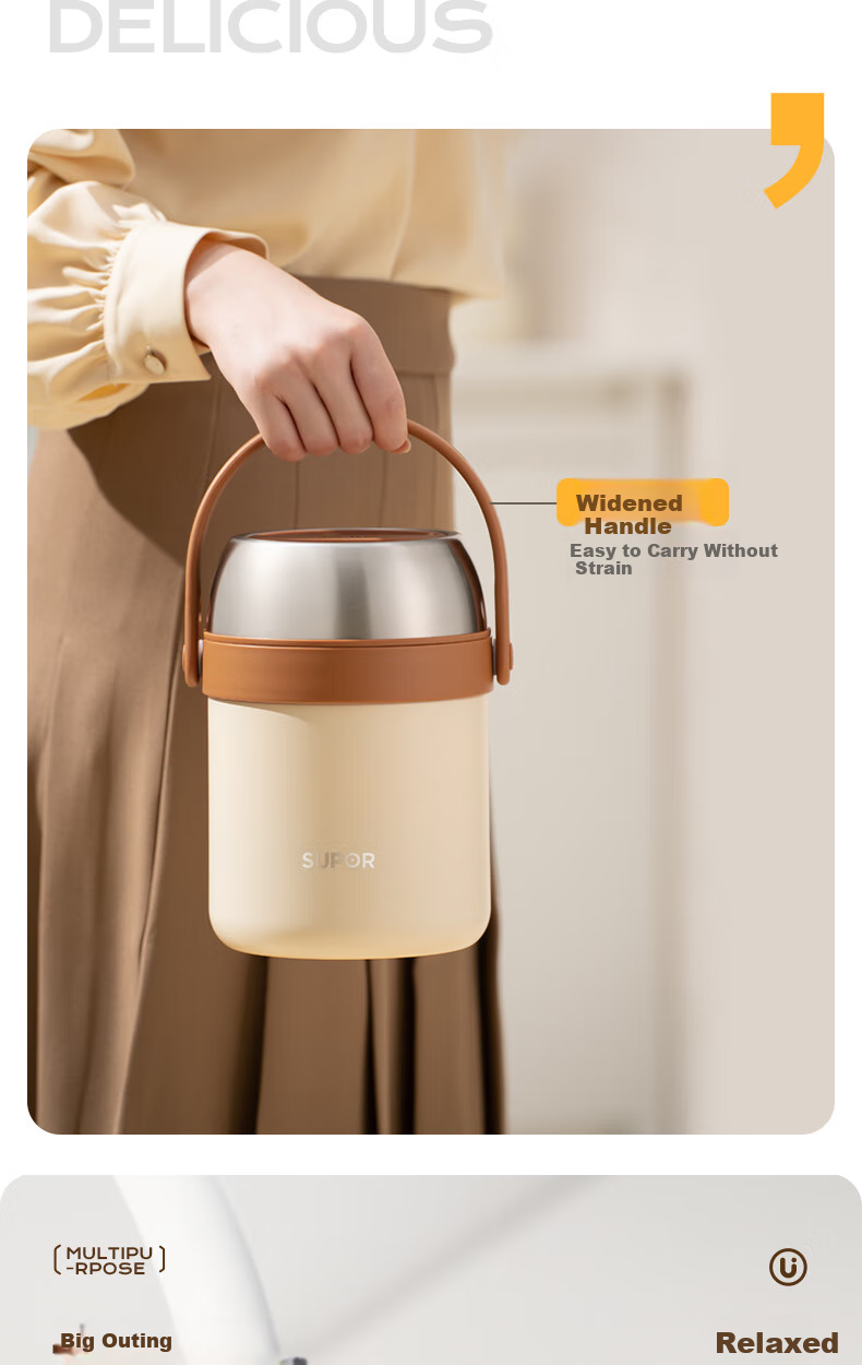 SUPOR Insulated Food Container, Stainless Steel Portable Pot, 2.0L Large Capacity Vacuum Insulated Lunch Box, Multi-Layer Portable Bento Box, Lotus White 8
