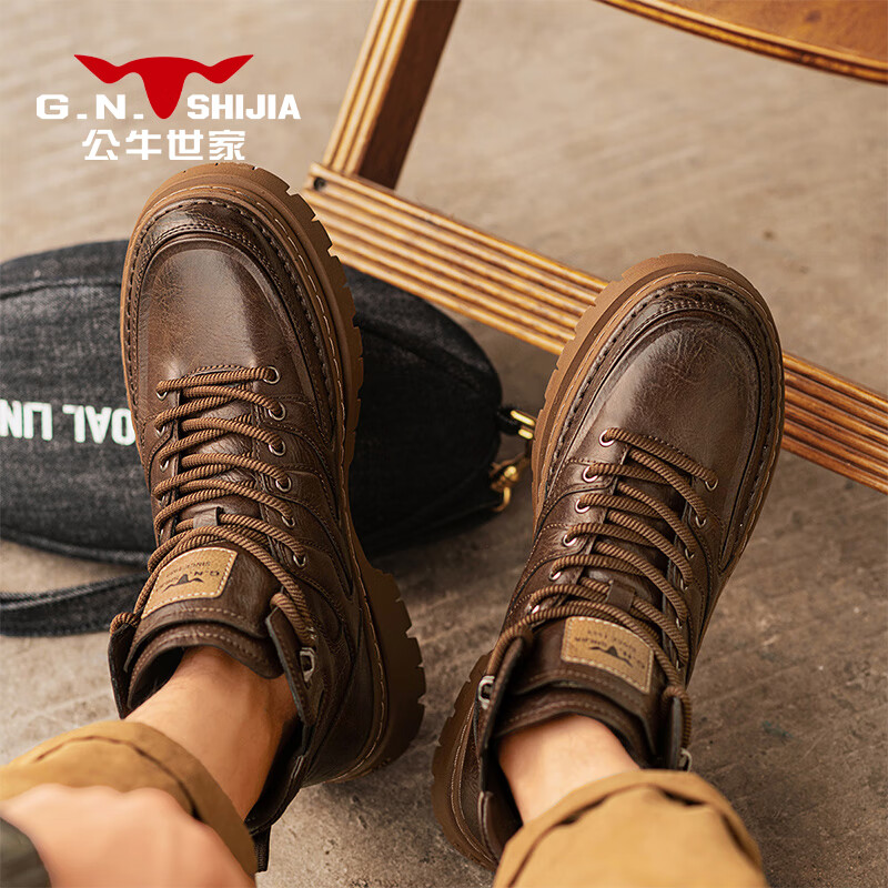 Bull Family [Zhang Ruoyun Edition] Men's Martin Boots Autumn Winter New Retro Versatile High-end Men's Boots Thick-soled Height-increasing Work Boots