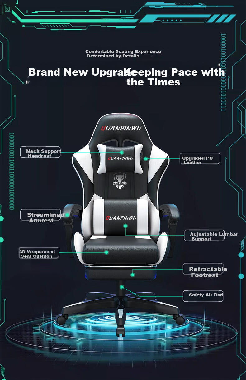 Quanpinwu Gaming Chair, Computer Chair for Men, Comfortable for Long Sitting, Office Chair, Reclining, Dormitory Ergonomic Chair, Height Adjustable, Gaming Seat 2