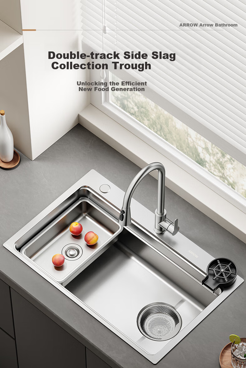 ARROW Kitchen Sink, Silver Brushed Stainless Steel Single Bowl, Undermount Sink for Kitchen, Dishwashing And Vegetable Washing, Integrated Stretching Sink 2