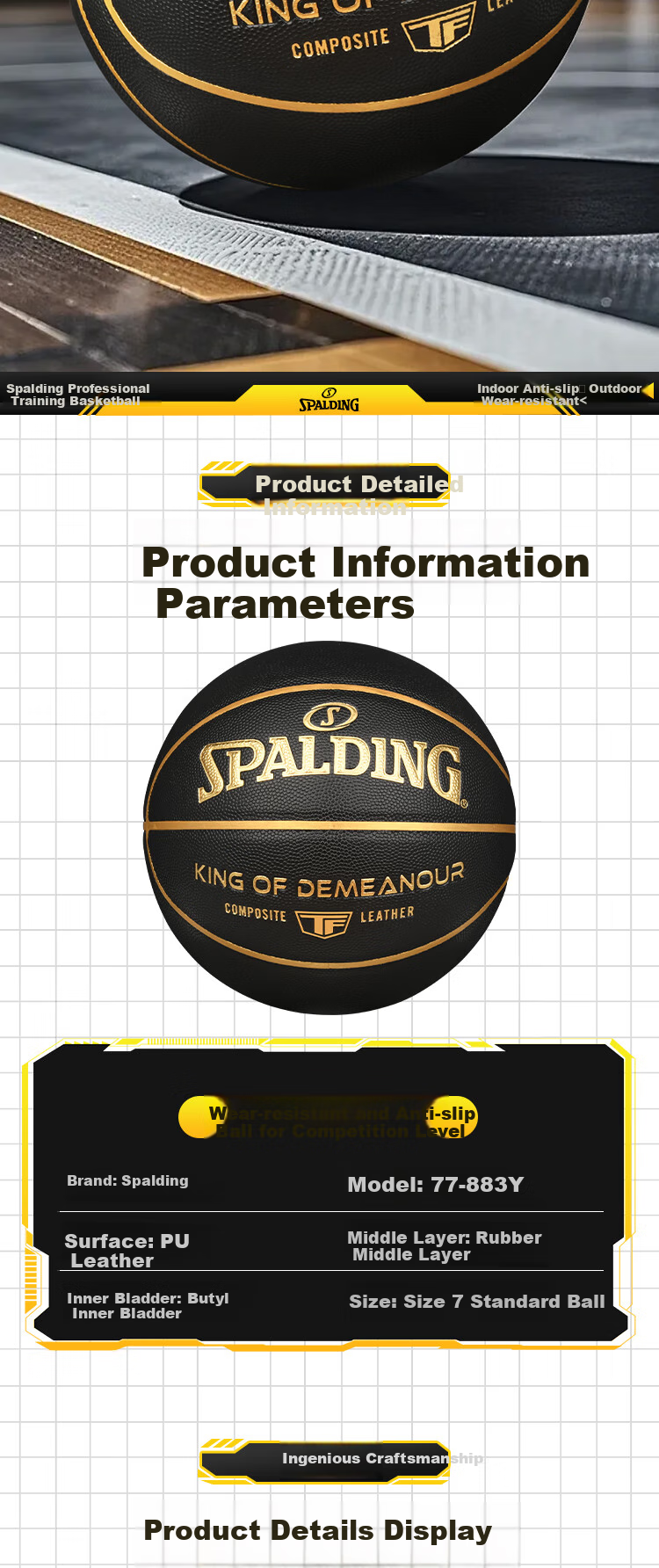 SPALDING Basketball, Size 7, TF Black Gold Control Series, Indoor And Outdoor Non-Slip Wear-Resistant, for Competition Use, Official Size 7 Basketball, 77-883Y 5
