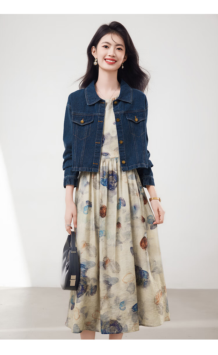 Xinfeiyu Vintage Denim Embroidered Short Jacket for Women, Spring 2026 New Stylish Versatile Printed Dress Two-Piece Set Hong Kong Style Outfit 5
