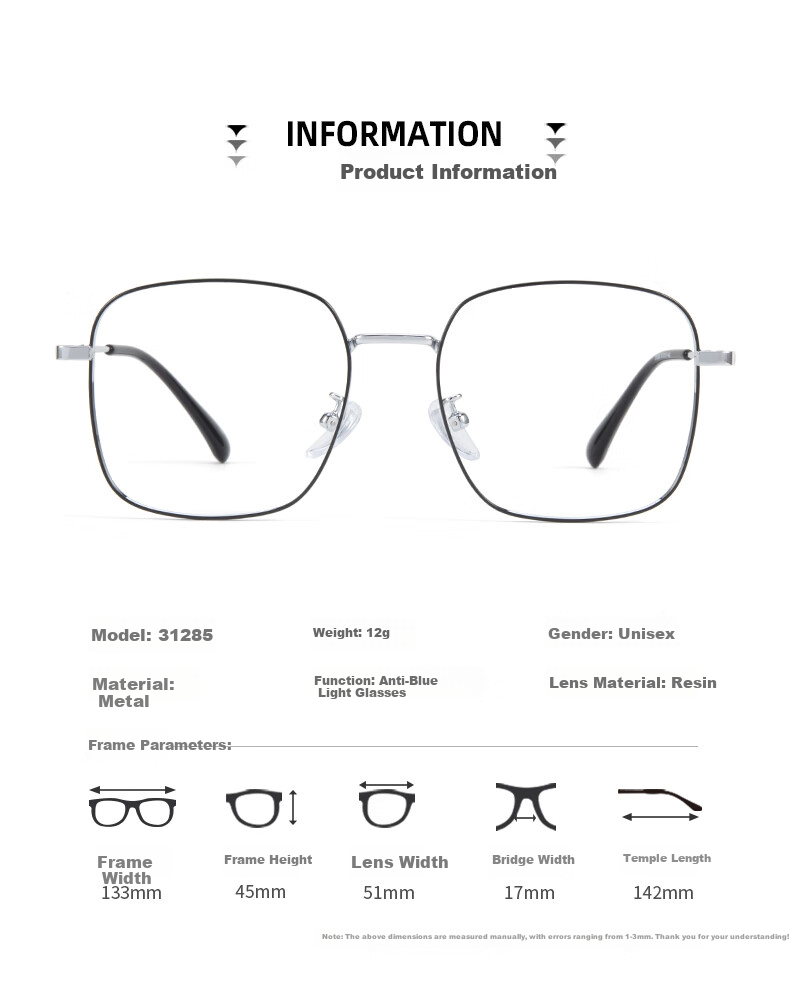 Jingbang Myopia Glasses for Men And Women, Ultra-Light Large Face Slimming Square Frame with Blue Light Protection, Prescription Lenses Available, Black Silver Non-Prescription Blue Light Blocking Glasses for Qixi Festival 12