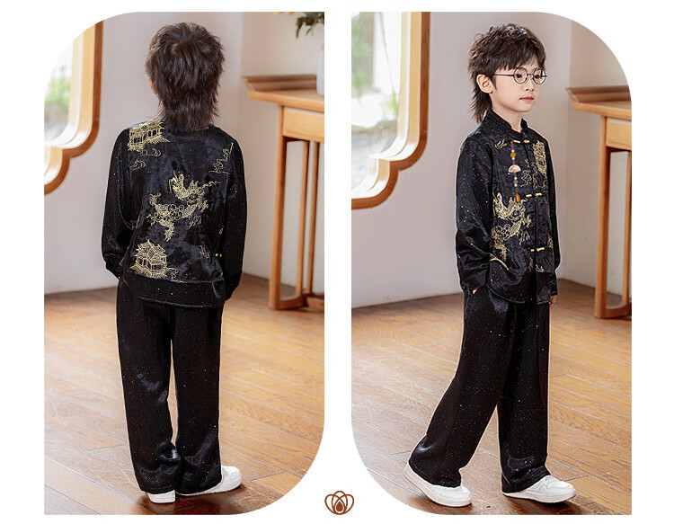 Radish Beibei Children's Traditional Chinese Style Suit Tang Suit Hanfu Boys Host New Year Outfit Black Three-Piece Set Size 130 8