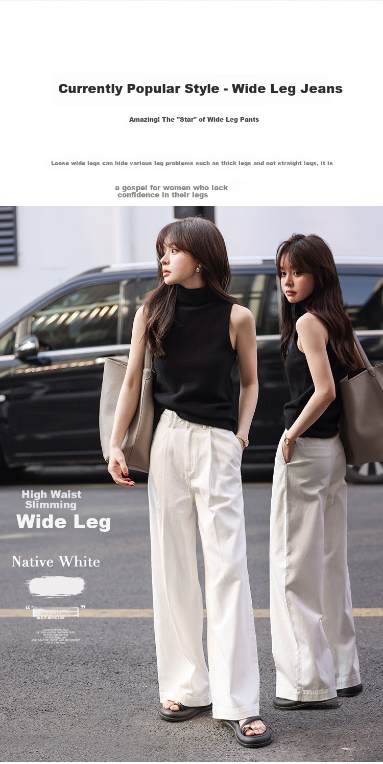 MT American Street Style Denim Jeans Spring Autumn Simple Loose White Cotton Wide-Leg Pants Off-White L 3
