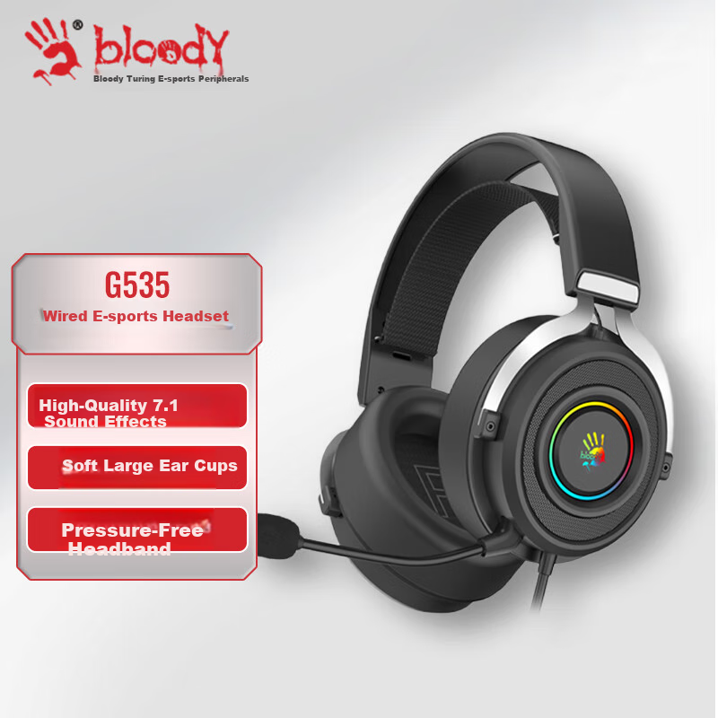 A4TECH G535 Wired Gaming Headset, Over-Ear, Blood Hand Phantom with Microphone, Computer Headset with Noise Cancellation, USB 7.1 Sound Effects, for PUBG And CSGO Gaming, Black And Silver Color