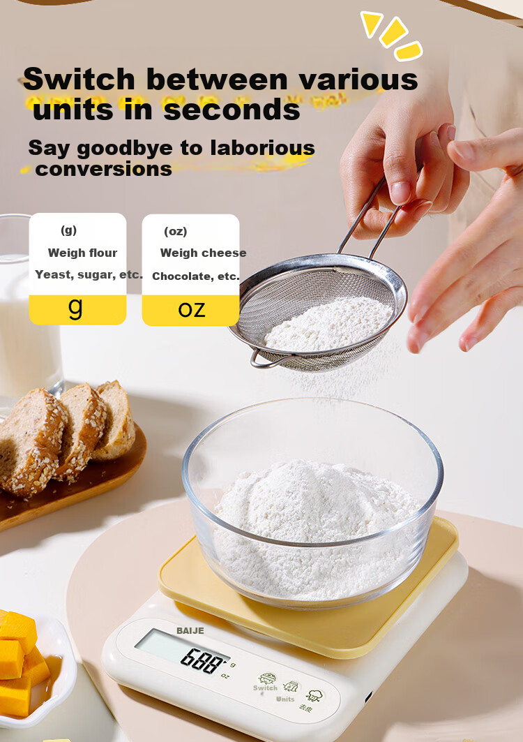 Baijie Electronic Kitchen Scale High Precision Food Scale Gram Scale Baking Scale 0.1g/10kg Rechargeable 12