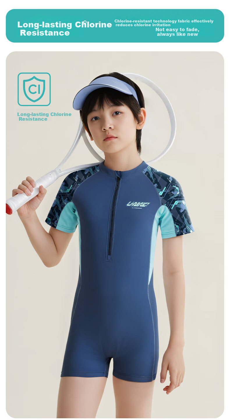 Li-Ning Youth Swimsuit, Boys' Comfortable Sports One-Piece Short-Sleeve Boxer Briefs, Professional Training Swimwear, 8512 Gray Blue, Size 160 5