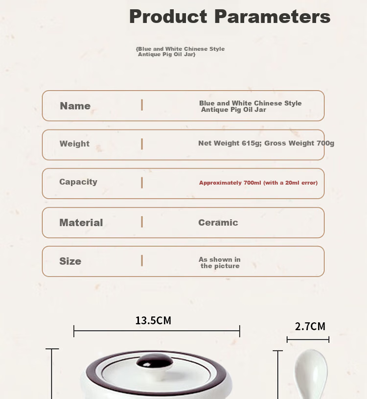 BJ Ceramic Large Capacity High-Temperature Resistant Seasoning Jar, Lard Container, Chili Pepper Jar, Chinese-Style Lard Bowl + Spoon, 700ml 17