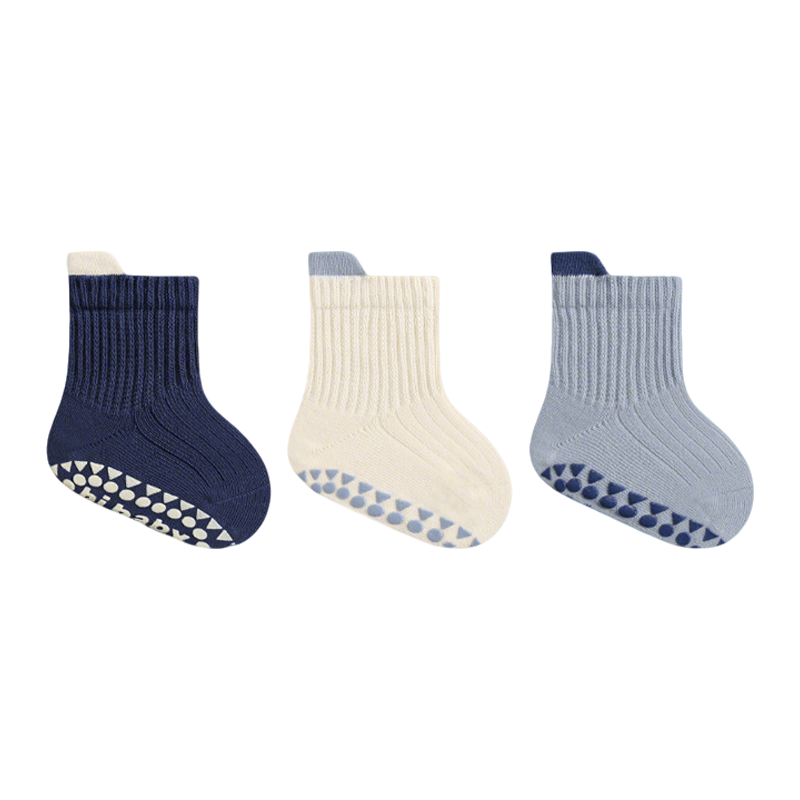Aibaoshi Baby Floor Socks, Spring And Autumn Infant Socks, Indoor Walking Socks, Non-Slip Socks, 3 Pairs Per Set, Blue And White Combination, Size L, T216