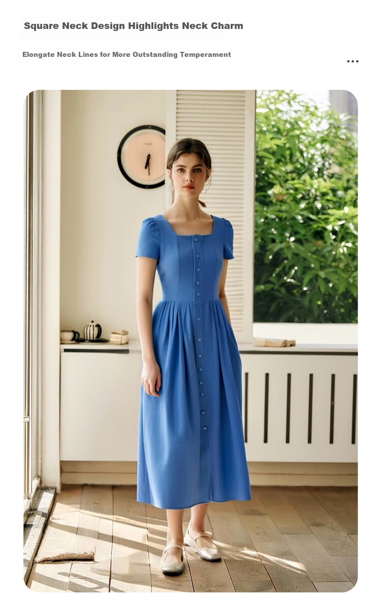 Olrain Eurielle Summer Women's Commuter Lyocell Dress Square Neck Waist Cinch Vacation Maxi Dress Klein Blue S 6