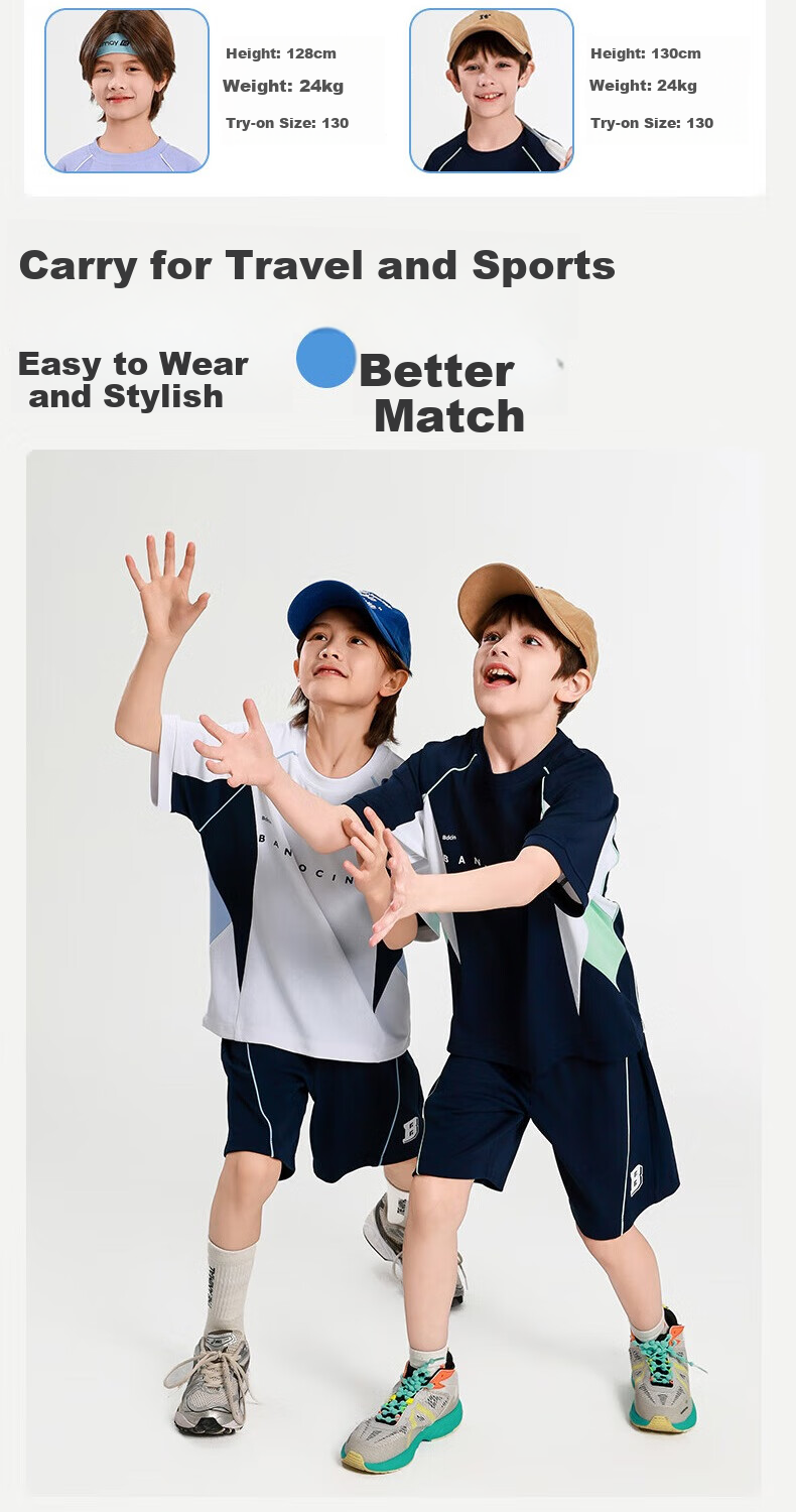 BANDOCIN Boys' Summer Sportswear Sun Protection Short-Sleeve Set for Older Children, Stylish 2026 New Style, Light Purple, Size 160 5