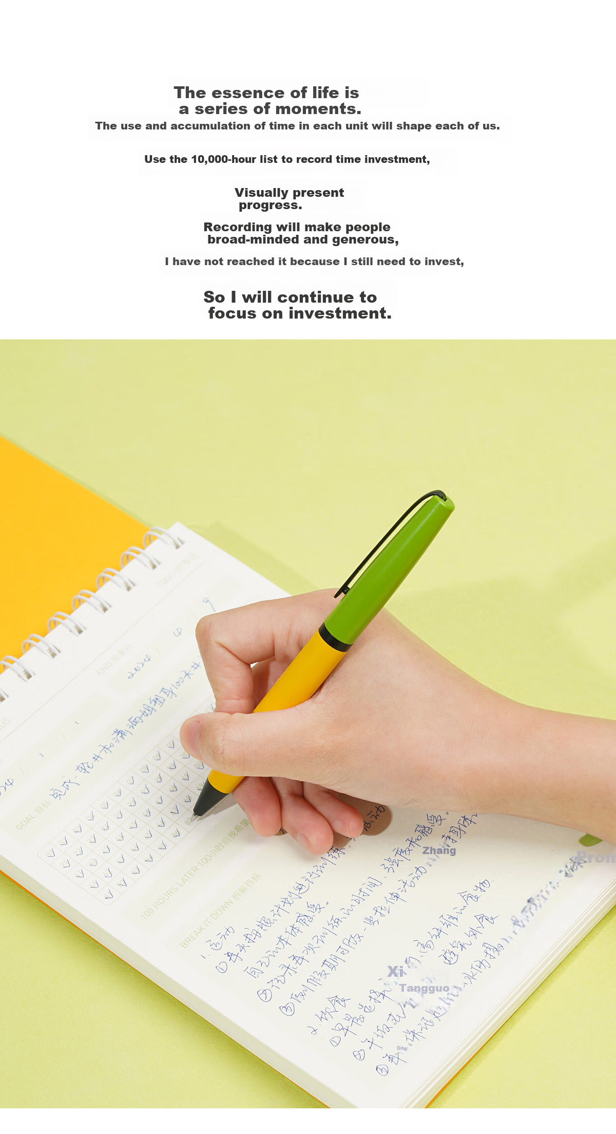 Chenzao Ultra Self-Green Series, One Million Hours Checklist A5 Spiral Notebook, Study Planner, 10000 Hours Daily Check-In Notebook, 100 Pages - Gree 3
