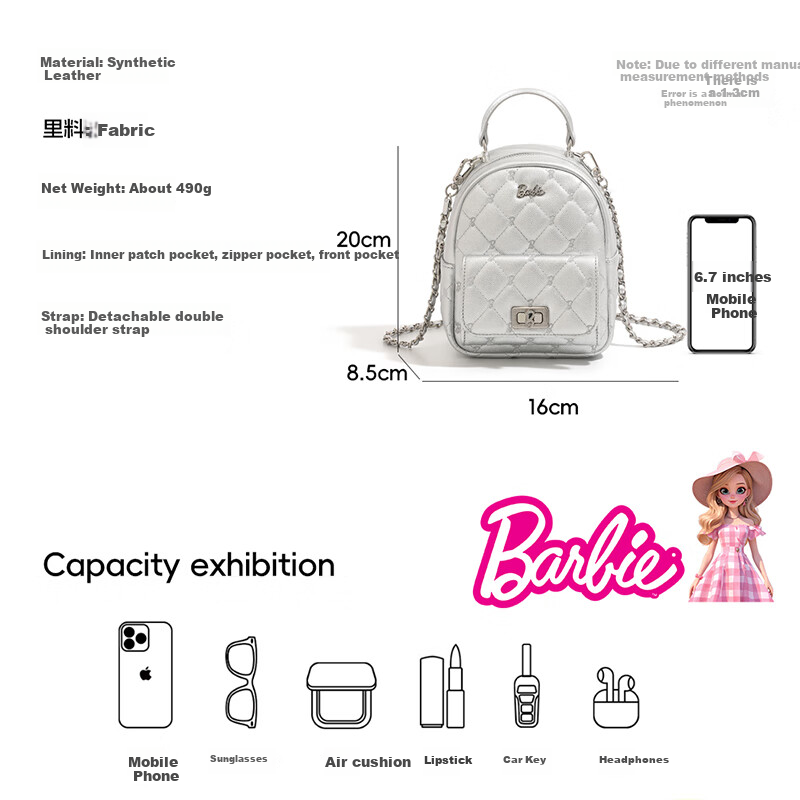 Barbie Backpack for Women, 2026 New Style Diamond-Quilted Chain Light Luxury Laptop Bag for College Students, Birthday Gift, Valentine's Day Present