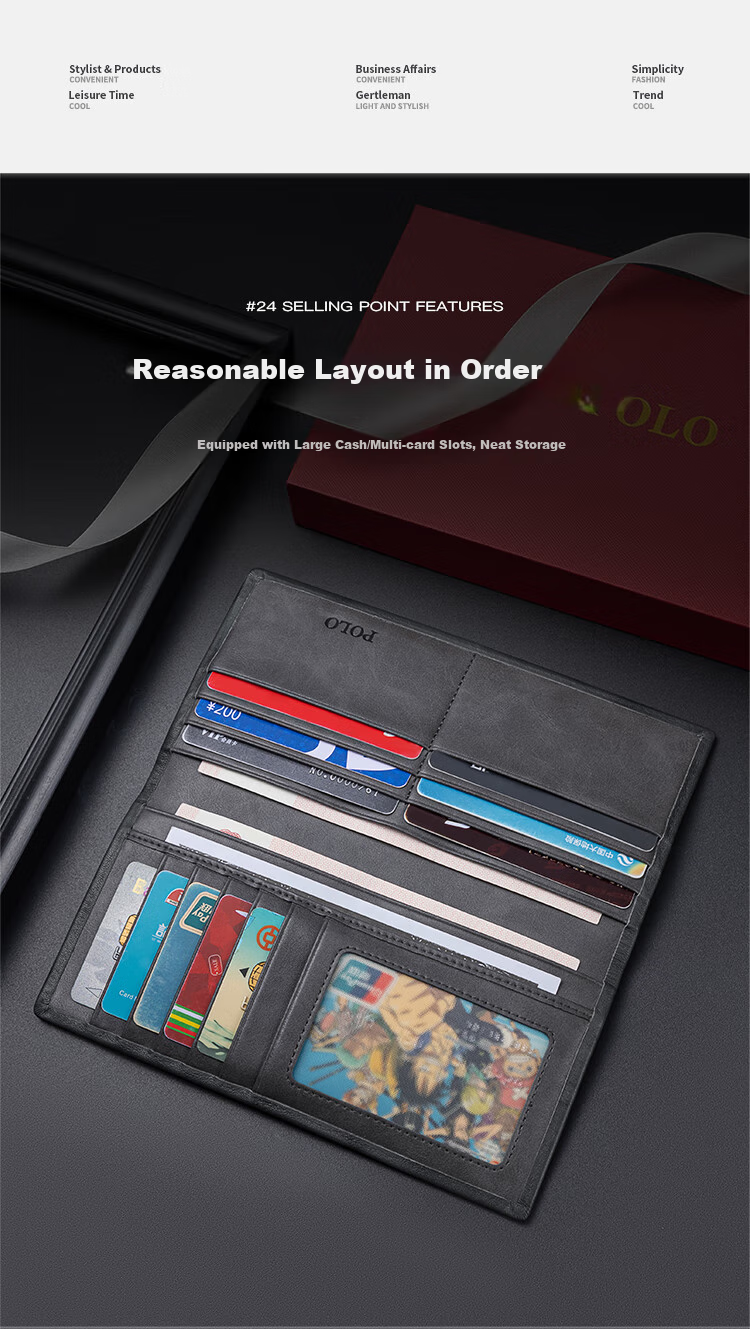 POLO Wallet for Men, Top-Grain Leather Business Card Holder, Simple Coin Purse, Long Wallet with Gift Box, Birthday Present 2