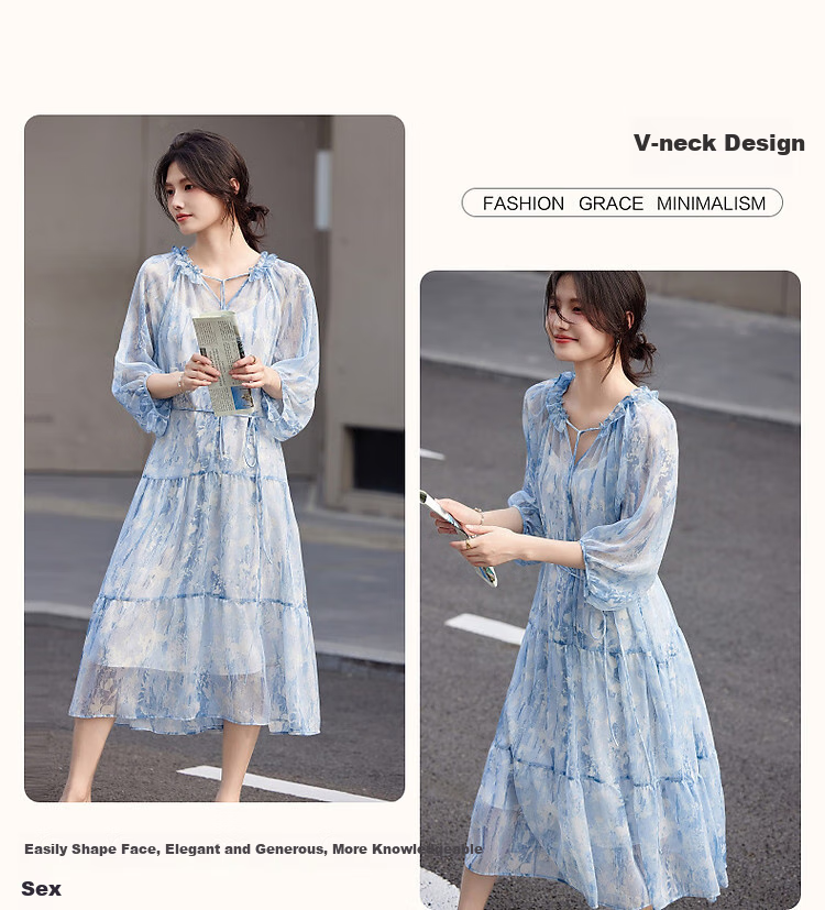 Demana Elegant Ink Painting Fairy Dress Summer Vacation V-Neck Tie Lantern Sleeve Chiffon Dress for Women 3