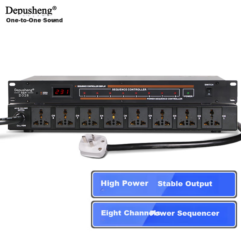 Depusheng D328 Профессиональный 8-канальный секвенсор питания для концертов, сцен, домашнего использования, компьютерных комнат, школ, коммерческого использования, выступлений, свадеб, защиты аудиооборудования с дисплеем