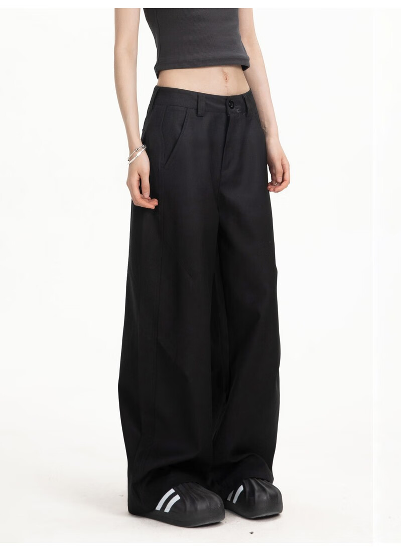 ICH MODE Women's American Style Autumn Winter Loose Straight Relaxed Curved Wide Leg Casual Pants Black L 1