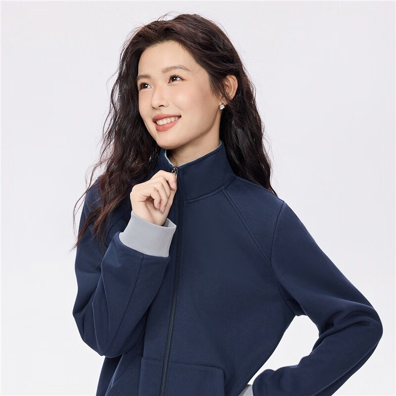 Giordano Women's Casual Autumn Winter Fleece Lined Zipper Jacket Colorblock Stand Collar Sweatshirt 05375885