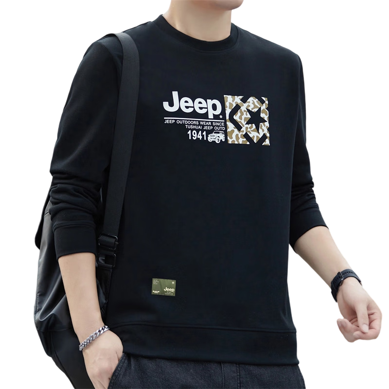 JEEP Men's Sweatshirt, Spring And Autumn Round Neck Loose Long-Sleeve T-Shirt, Trendy Versatile Clothing for Men, Black, 2XL