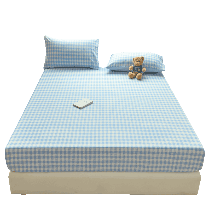 Grace Class A 7A Antibacterial Fitted Sheet Pure Cotton Washed Cotton Full Coverage Mattress Protector 1.8m Bed Small Blue Plaid