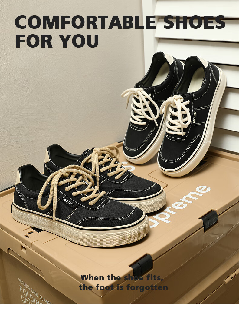 Renben Spring And Autumn Retro Canvas Shoes, Versatile Classic Sneakers for Men, Korean Style Trendy Men's Shoes, Black, Size 41 1