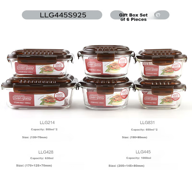 LOCK&LOCK Heat-Resistant Glass Food Storage Containers, Microwave-Safe Lunch Boxes for Office Workers And Students, Bento Box with Air Holes, Six-Piece Set in Coffee Color