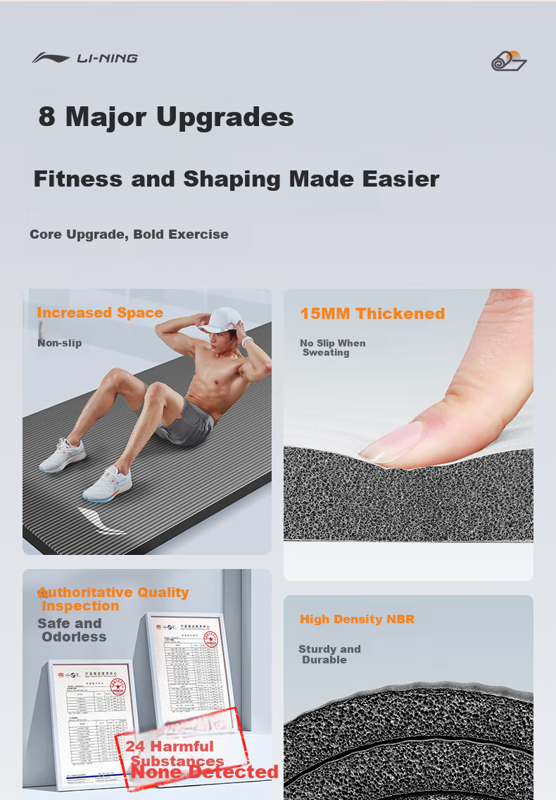 Li-Ning Yoga Mat for Men, Extra Thick And Long 2-Meter Large Exercise Fitness Wide Professional Sit-Up Non-Slip Soundproof Shock-Absorbing 3