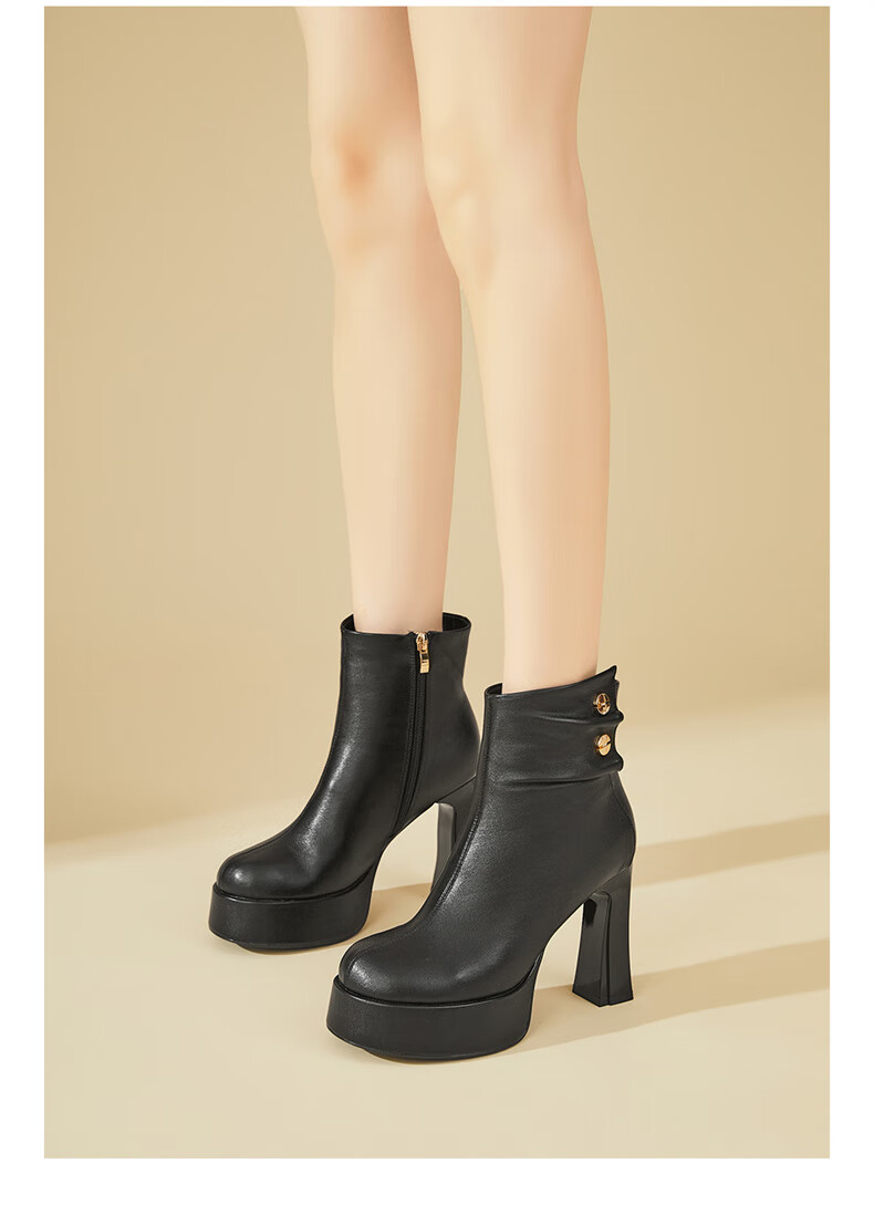 DAPHNE Side Zipper Fashion Elegant High Heel Short Boots Women Thick Heel Fleece-lined Slim Boots Black 37 4