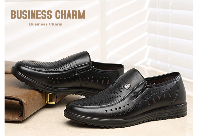 LAORENTOU Men's Summer Business Formal Slip-On First Layer Breathable Driving Shoes LJD587 Black Hollowed Out Size 40 9