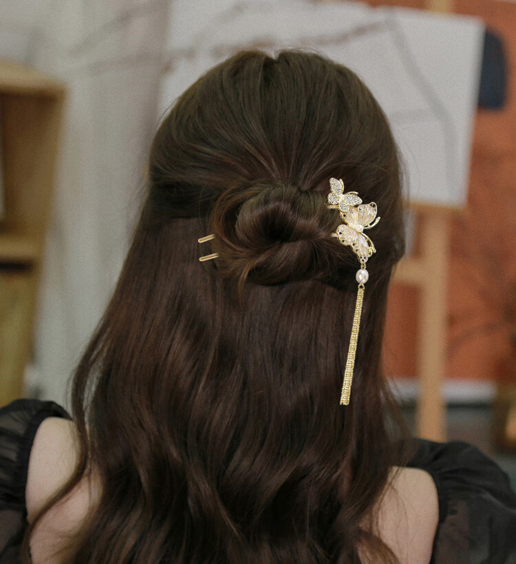 Xiangwan New Chinese Style Butterfly Tassel Hairpin Vintage Elegant Updo Hair Accessory for Women Gold 5