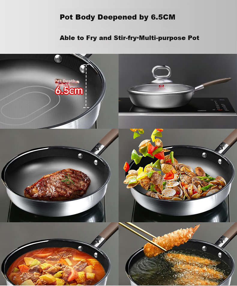 KBH Non-Stick Frying Pan, Skillet, Wok, Pure Titanium, No Coating, Antibacterial, 316L Stainless Steel, Uncoated 3