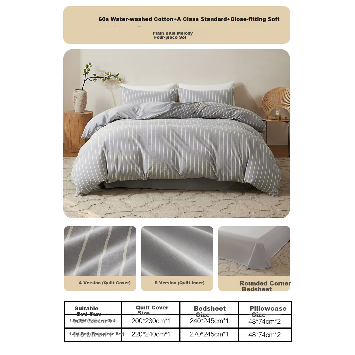 Shuixingjiafang Four-Piece Bedding Set, Pure Cotton 100%, Class A 60-Count Washed Cotton, Duvet Cover, Pillowcases, Bedsheet, Double Bed Size 1.8 Meters, Blue Harmony