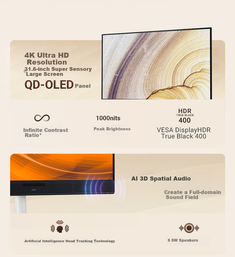 DELL 31.6-Inch 4K QD-OLED Gaming And Multimedia Large-Screen Monitor, 120Hz, 0.03ms, HDR400, Hardware Anti-Blue Light, 5*5W Speakers, S3225QC 3