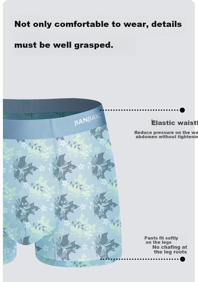 Jianjiang Men's Underwear, Ice Silk Boxer Briefs, 7A Antibacterial Seamless Trendy Printed Trunks, Breathable Mesh Sexy, 3 Pairs 11