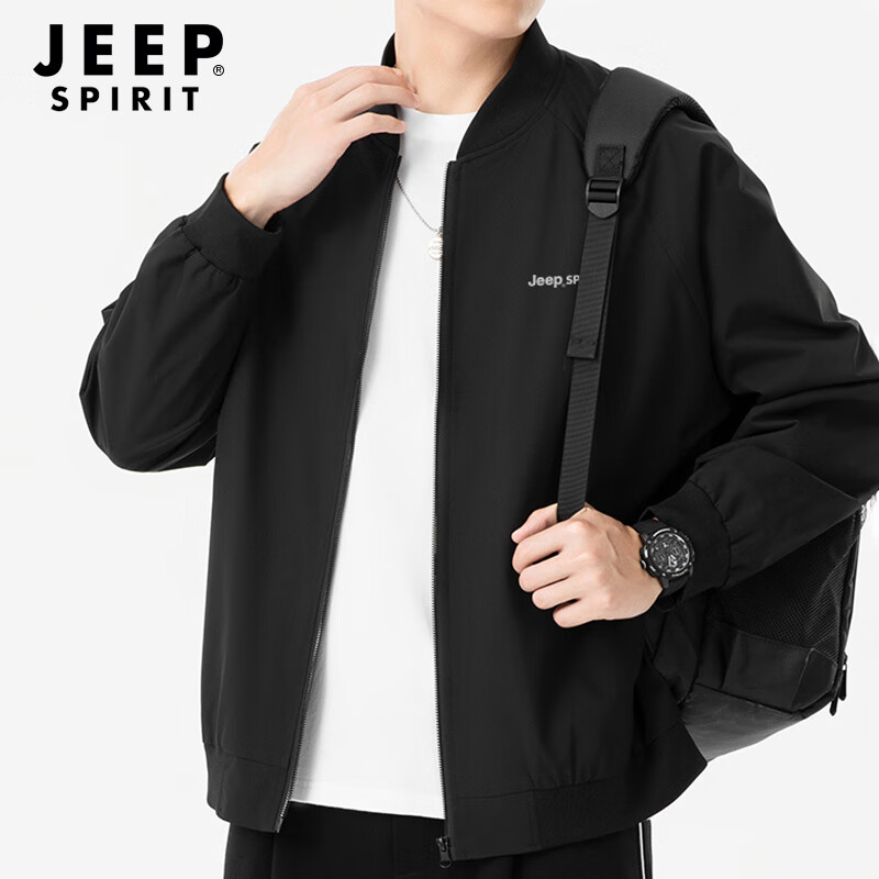 JEEP SPIRIT Men's Spring Autumn Casual Versatile Jacket Fashion Windbreaker Stand Collar Windproof Baseball Jacket Black M