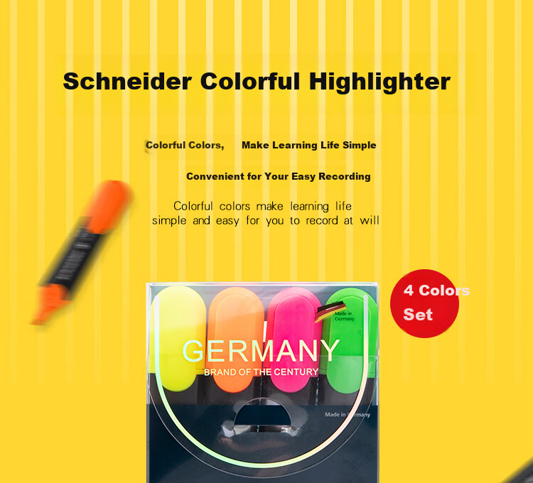 Schneider Large Capacity Highlighter Marking Pen for Colorful Highlighting And Note-Taking, Essential Office Supplies, 1-5mm Classic 4-Color Set 1550 1