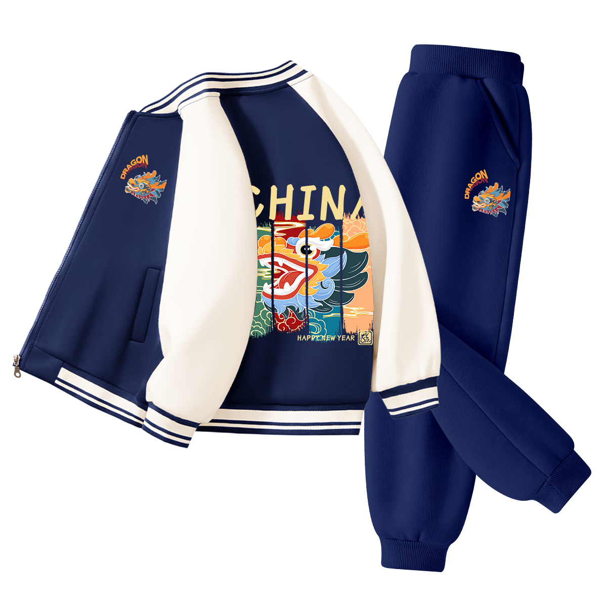 Langsha Boys and Girls Children's Baseball Jacket Set Spring Breathable Zipper Jacket Durable Sports Pants Navy Blue 140