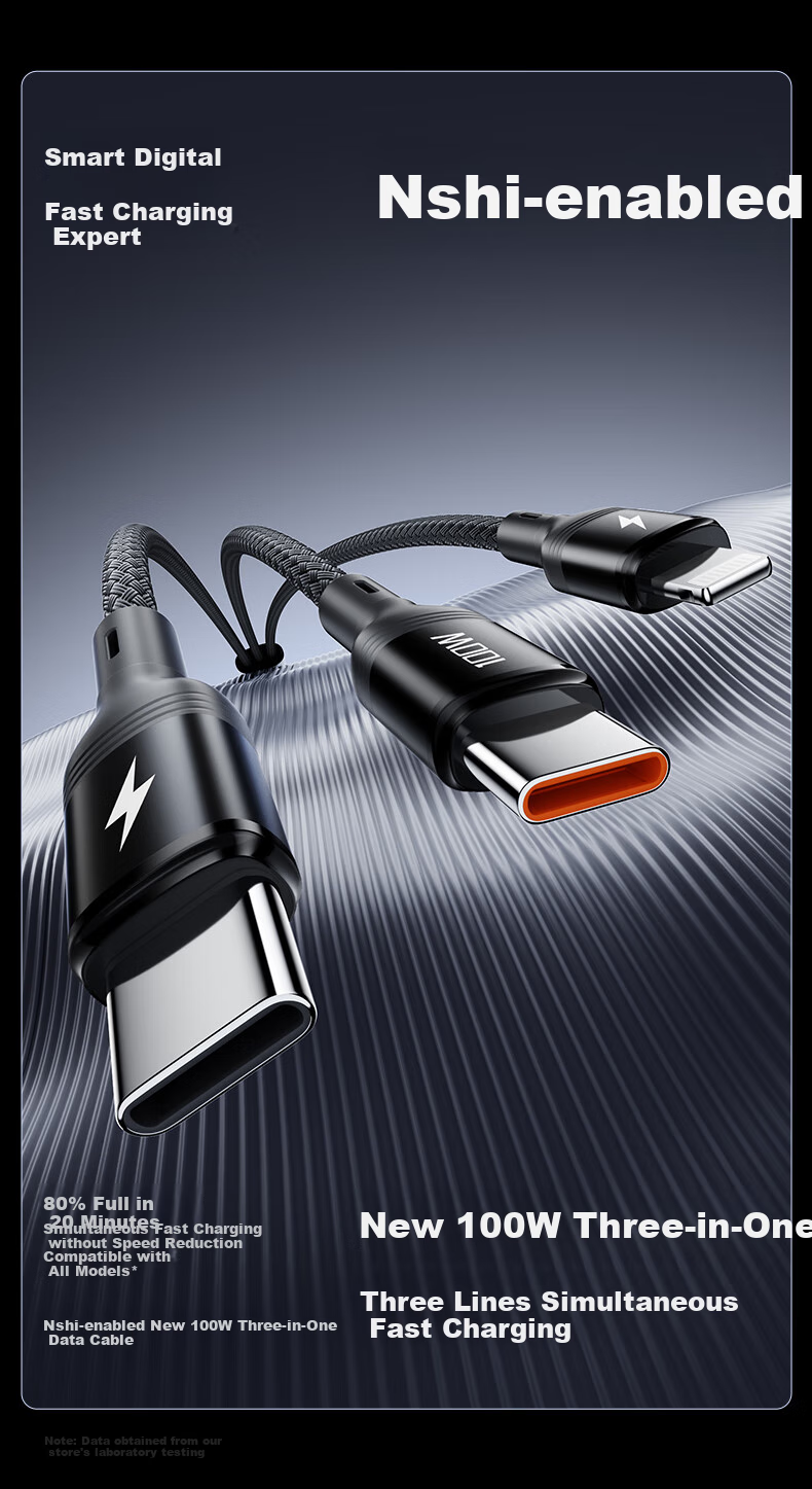 Nengshi Type-C Data Cable, Three-In Charging Cable, 100W Apple Fast Charge Compatible with IPhone17/16, Huawei Honor/Xiaomi, Car Charger C to 2C Three-In Cable, 1 Meter 1